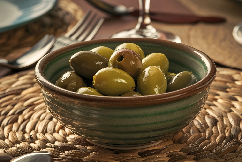 Stuffed green olives in a bowl

