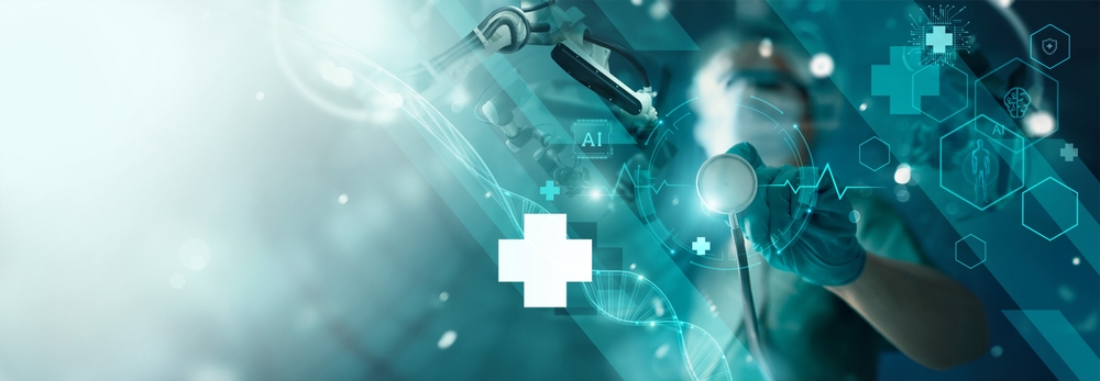 Medical science, digital healthcare innovation technology. Doctor hold stethoscope touch medical data network connecting with smart AI holographic interface to develop accuracy solution for patient.
