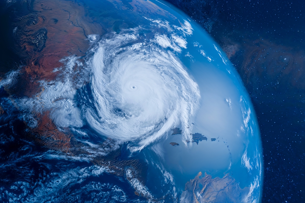 Satellite imagery captures Hurricane Helene swirling over Florida, USA, illustrating the massive storm's structure and impact on the region during its formation.
