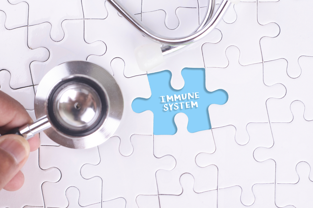 Doctor holding a Stethoscope on missing puzzle WITH IMMUNE SYSTEM WORD

