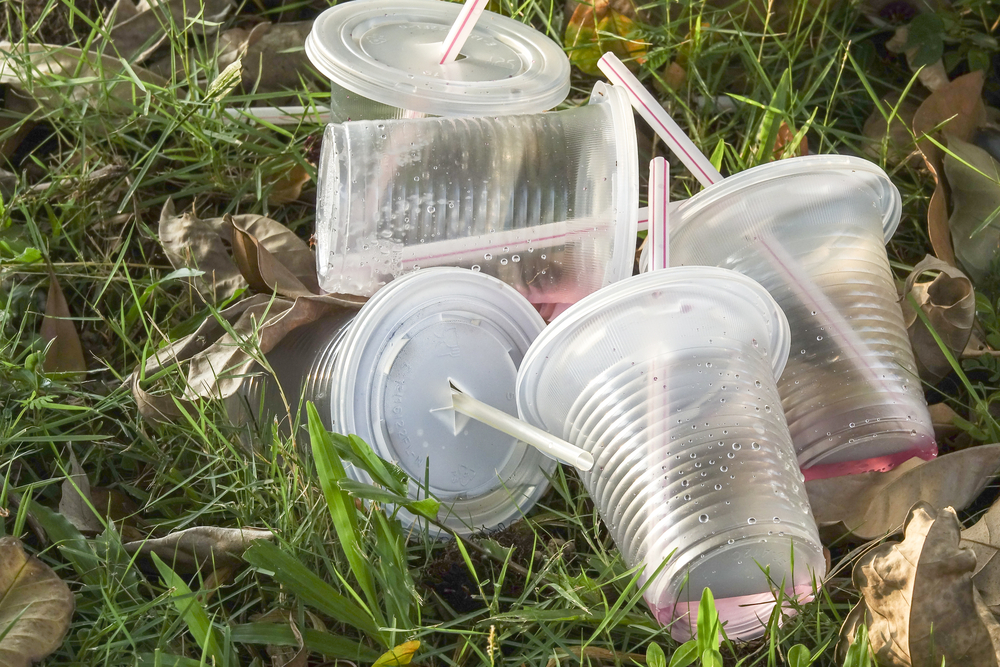 Bad enviromental habit of improper disposal of non-biodegradable PVC cups with straw in public park