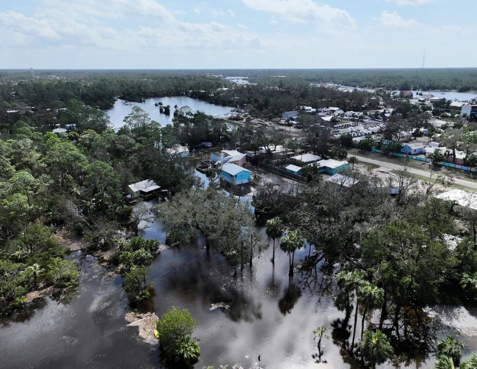 Homes and buildings flooded with water. 