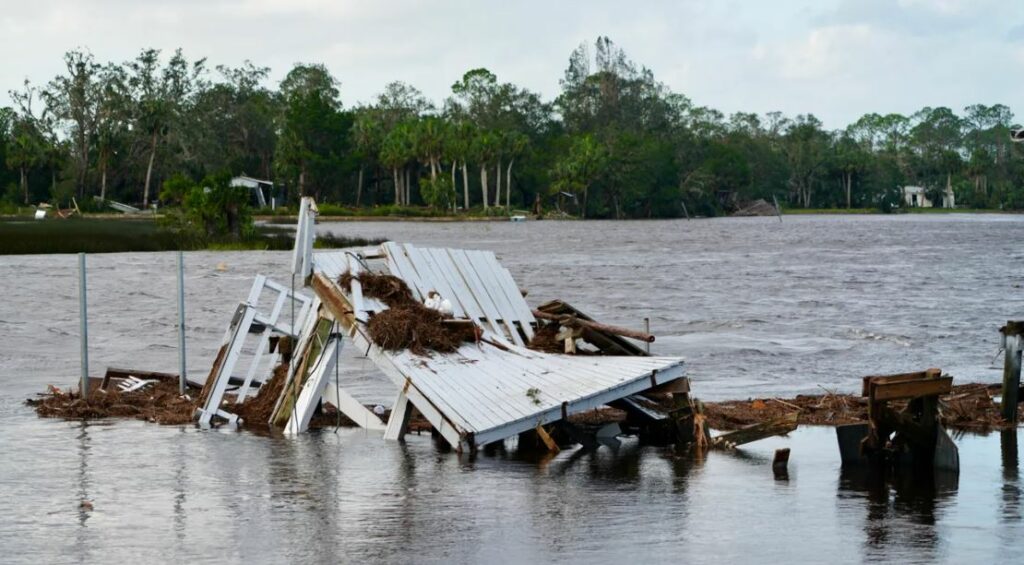 An area flooded by water and debris. Greenery in the background. 