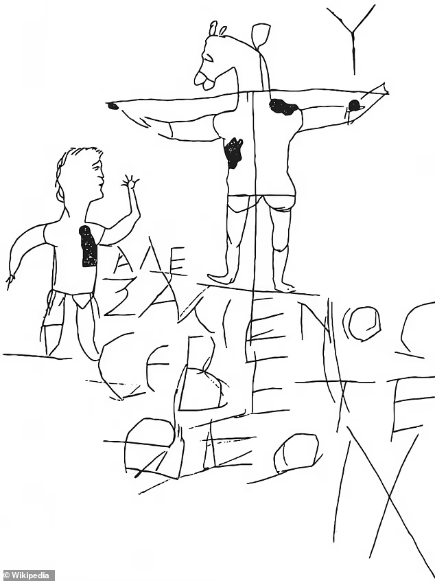 The Alexamenos Graffito shows a Christian worshipping a donkey-headed Jesus with the inscription 'Alexamenos worships [his] god'. Experts say this mocking depiction of Christ is good evidence that the embarrassing features of his death actually occurred and were well-known between the first and third centuries. Pictured, a tracing of Alexamenos Graffito