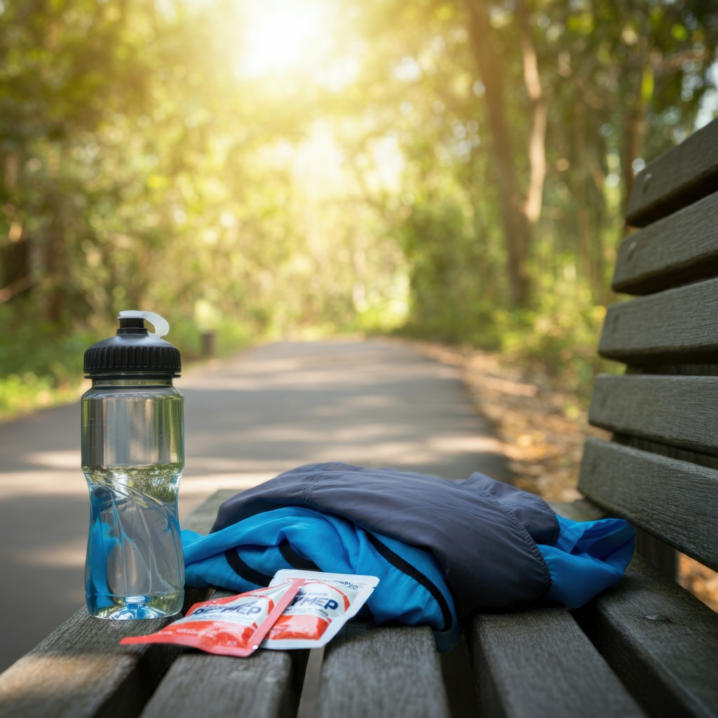 a person's gear and water bottle with electrolyte packets
