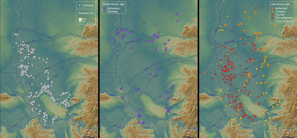 Tumuli (Left) MBA (Centre) and LBA (Right) settlements and cemeteries in topographic perspective