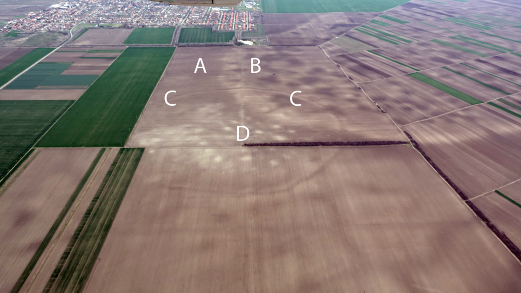 TSG site of Kačarevo 2 showing: A) Low-lying land, B) raised sand-plateau, C) enclosure ditch, D) activity areas