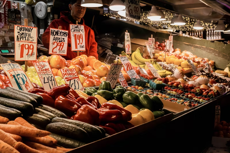 fruits and vegetables at a grocery store