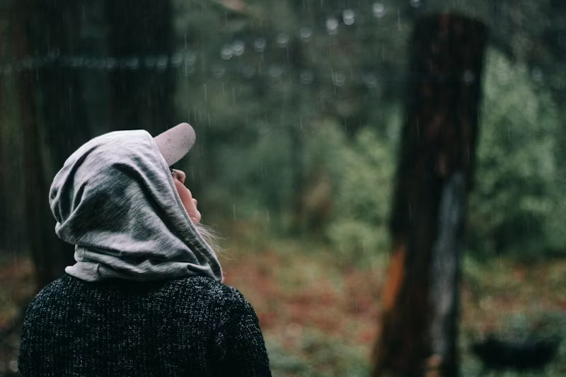 person walking in the forest in the rain