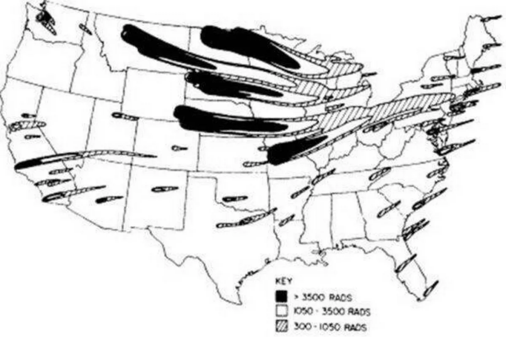 Black sections of the map show where up to 75% would die following direct hits on the USA's missile silos (Image: