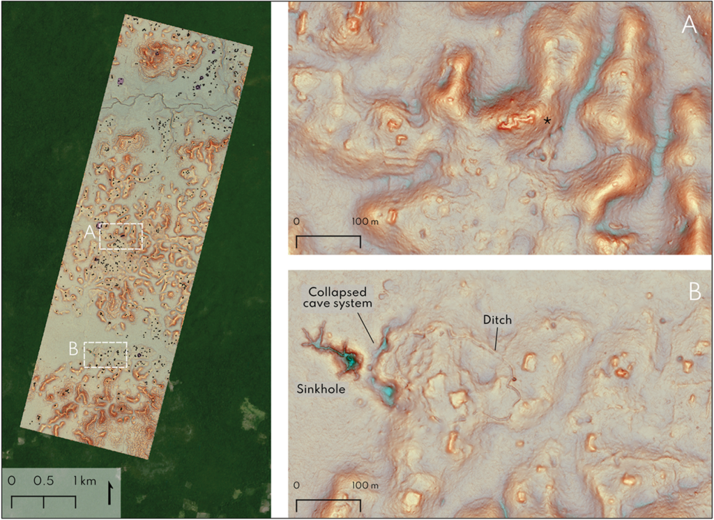 Figure 2. Left) Block 1 survey block, with building footprints in black and platform footprints in purple; top right) probable Río Bec-style complex marked by *; bottom right) sinkhole with associated quatrefoil ditch