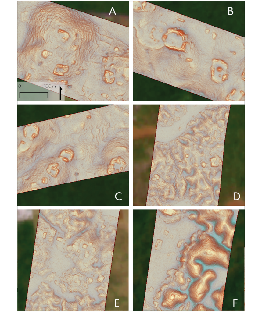 Figure 9. Changes in settlement morphology from south to north. A) 18°57´0″N, 89°18´36″W, Transect 2, Central Hills; B) 19°1´48″N, 89°33´0″W, Transect 2, Central Hills; C) 19°10´48″N, 89°33´36″W, Transect 3, Central Hills; D) 19°32´24″N, 89°43´12″W, Transect 1, Chenes; E) 19°34´48″N, 89°42´36″W, Transect 1, Chenes (note high frequency of chich mounds); F) 20°0´0″N, 89°39´0″W, Transect 1, Puuc-Bolonchen Hills