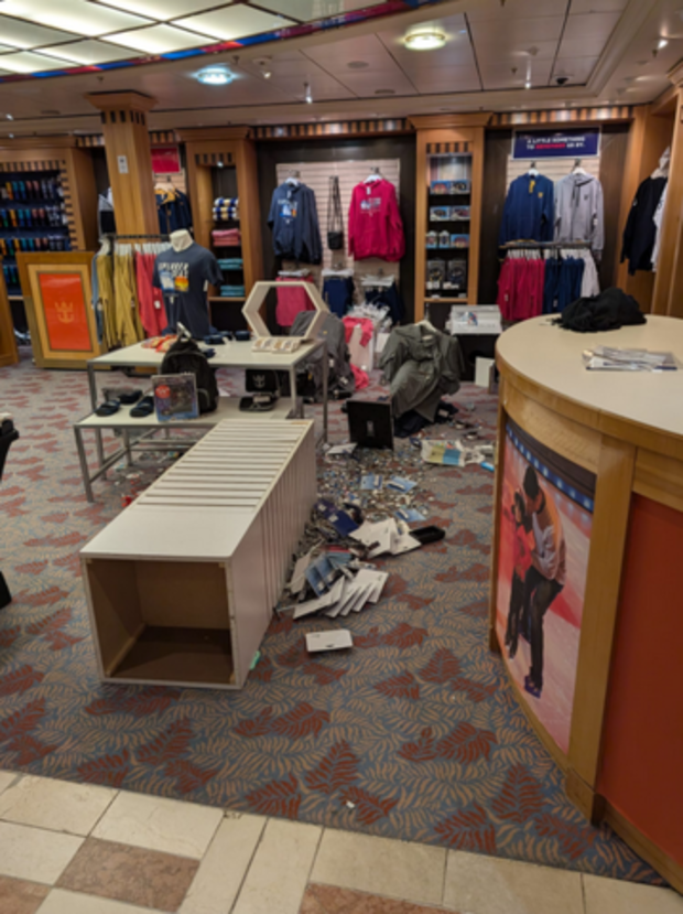 Items knocked down in a shop area of the Explorer of the Seas on Nov. 7, 2024.