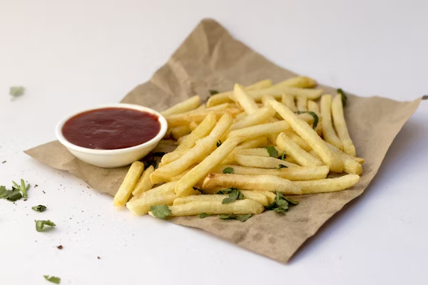 a bed of fries with ketchup