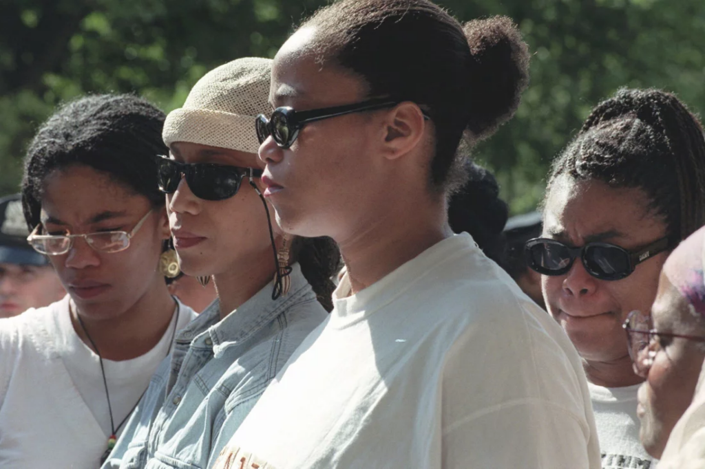 Malcolm X's daughters, Malikah Shabazz (from left), Attallah Shabazz, Malaak Shabazz and Gamilah Shabazz, talk to the media outside the Jacobi Medical Center in the Bronx borough of New York, following the death of their mother, Betty Shabazz on June 23, 1997. A new lawsuit accuses the CIA, FBI, the New York Police Department and others of playing roles in the 1965 assassination of the civil rights leader.