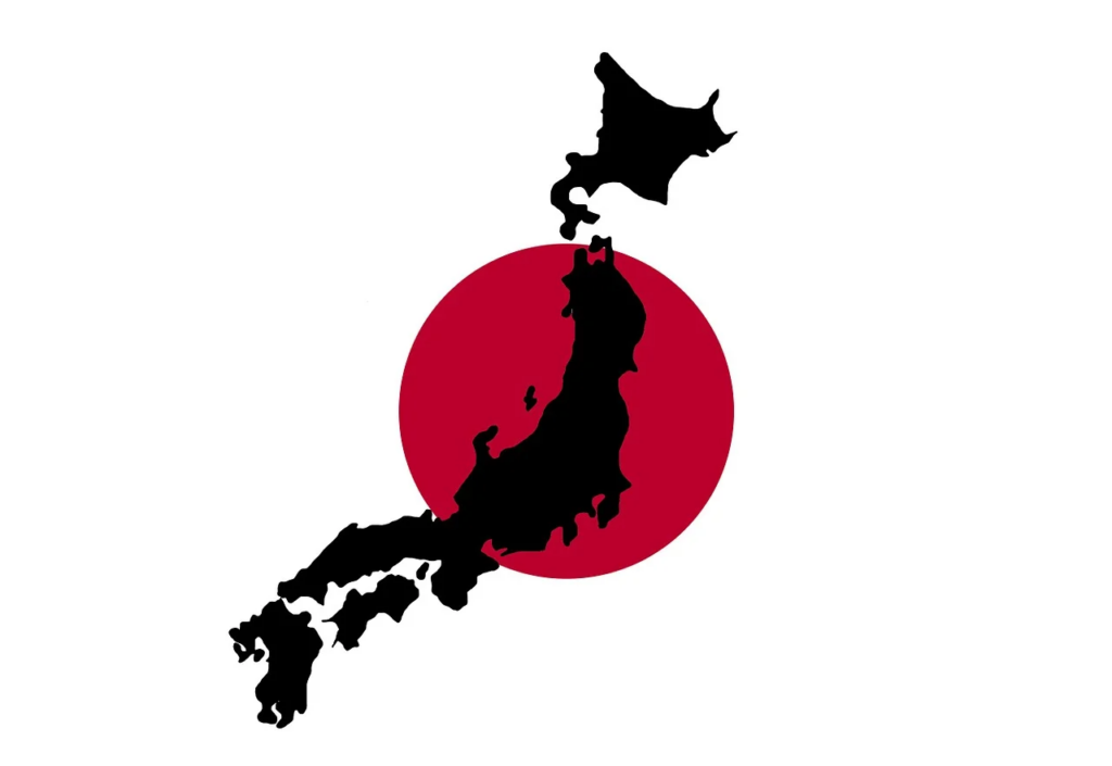 Japan flag background with the island geography inlaid in front