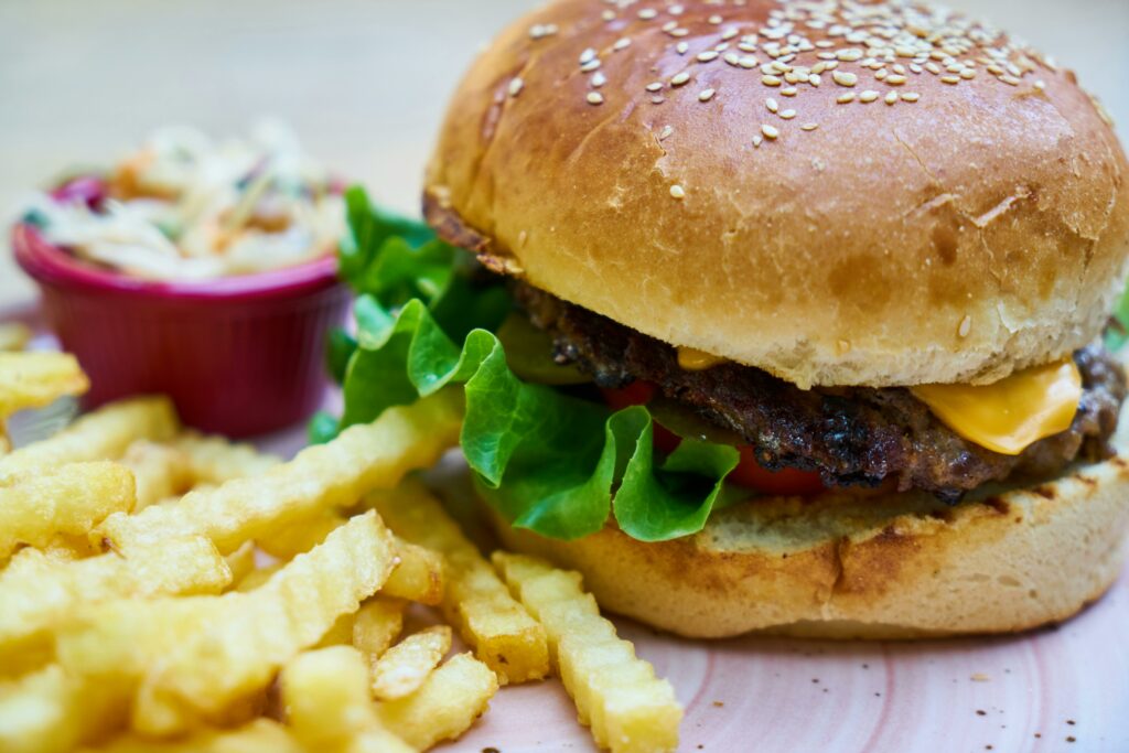 burger with coleslaw and fries 