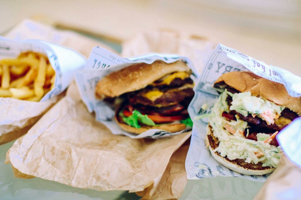 two burgers and fries