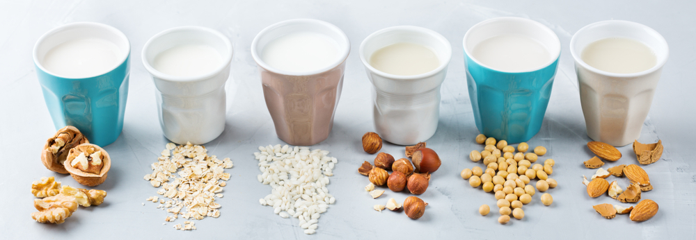 Food and drink, health care, diet and nutrition concept. Assortment of organic vegan non dairy milk from nuts, oatmeal, rice, soy in glasses on a kitchen table