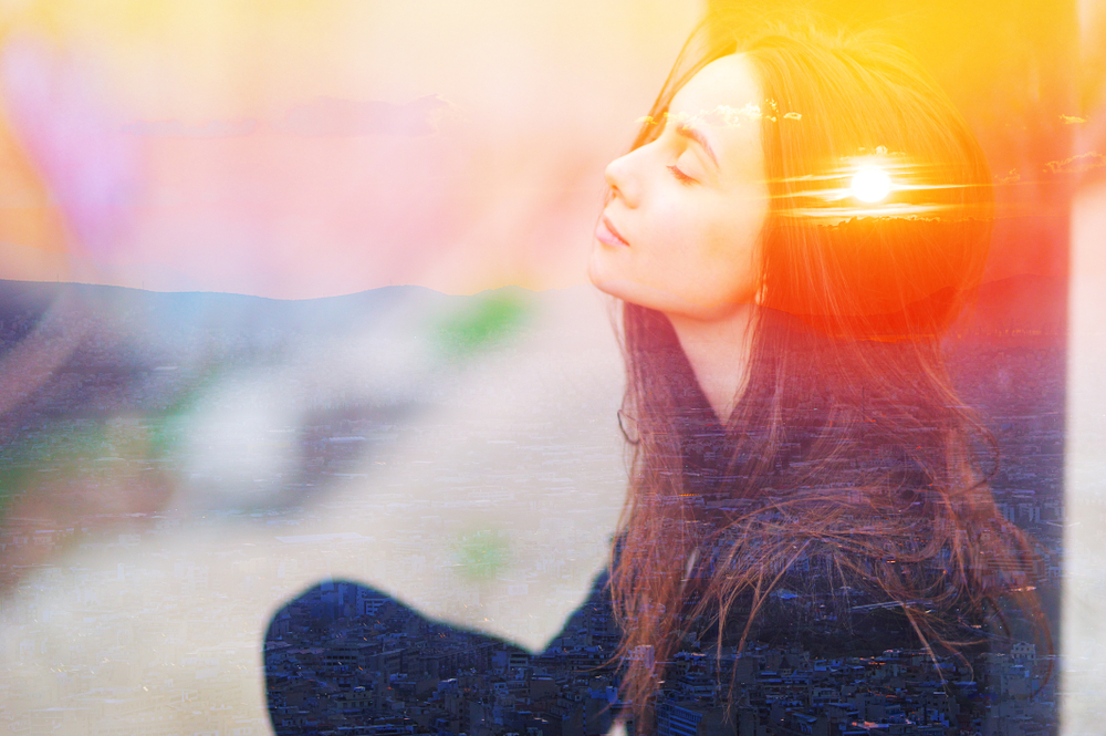 Double exposure closeup portrait of a dreamy cute closed eyes woman meditating outdoors, nature sense. Psychology power of mind, inner voice, self help, smart iq test, good mood, logic study concept
