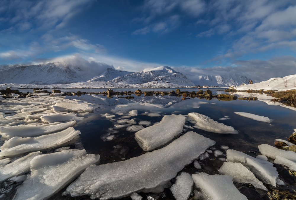 Panoramic epic view of snow-white fragments of ice floes. Northern nature. Bottom view.Polar Circle. Norwegian Sea. Arctic landscape. Scandinavia. Norway. Lofoten.