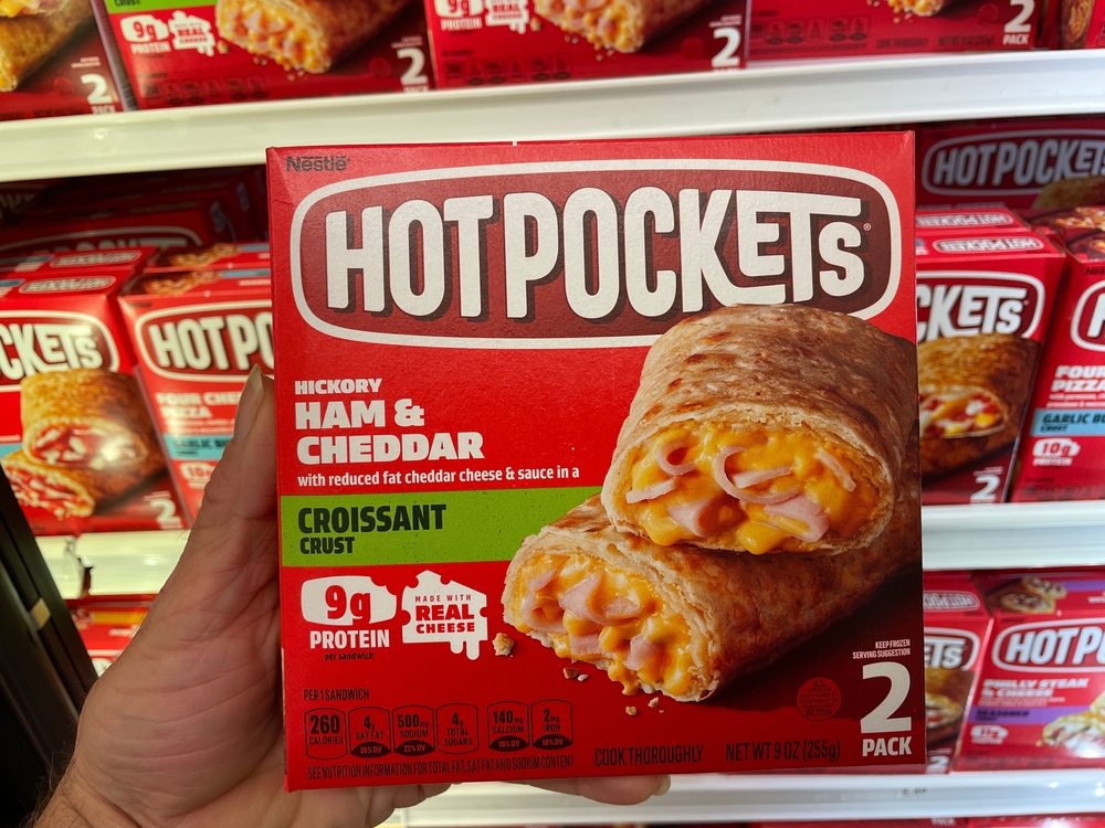 Grovetown, Ga USA - 03 14 23: Grocery store Hot Pocket frozen snacks Ham and cheddar
