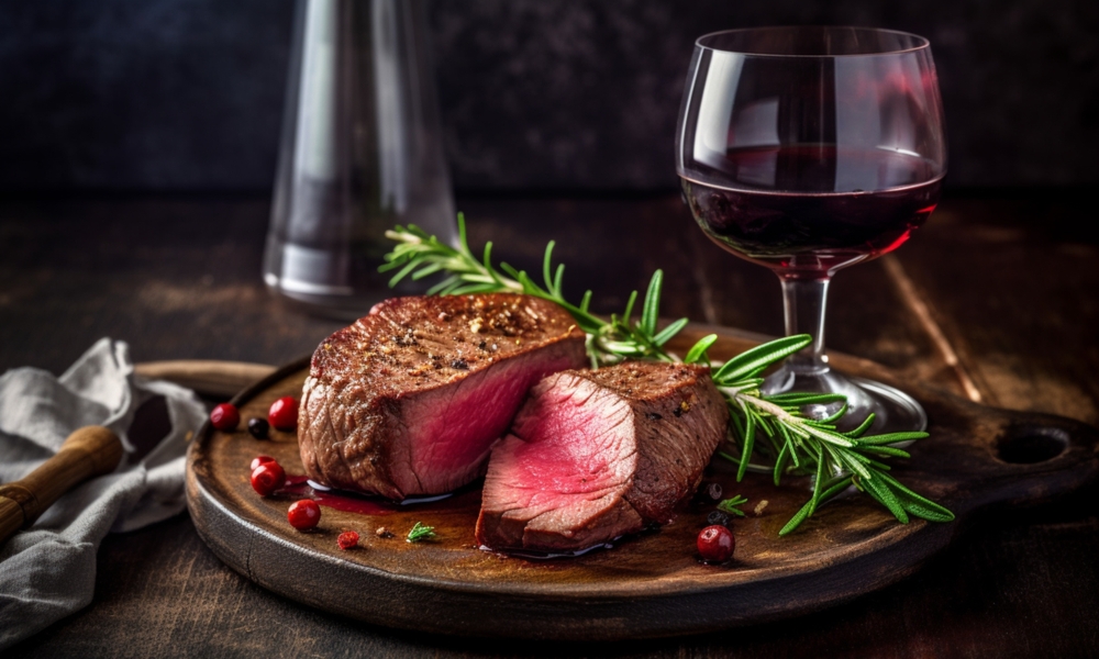 Traditional bbq dry wagyu fillet steak with herbs and glass of wine close-up on gray board