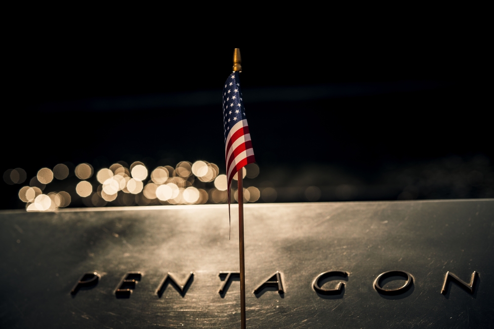 Close-up of an American flag draped across the iconic Pentagon
