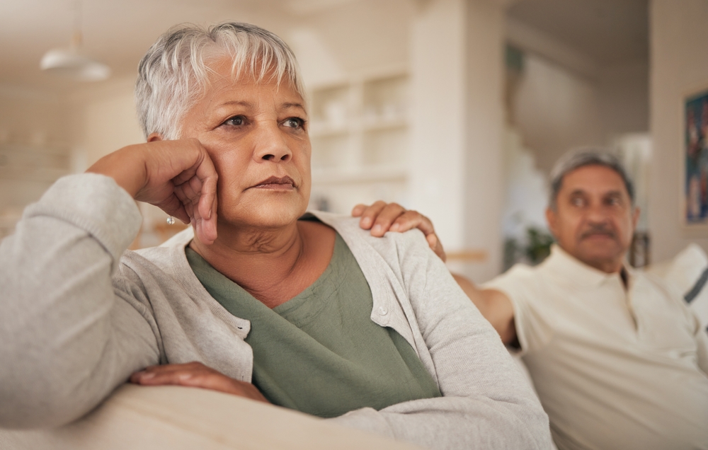 Divorce, fight and senior couple in a living room with depression, angry or argue at home. Marriage, fail or old woman with menopause ignore man in a lounge with erectile dysfunction, liar or cheat
