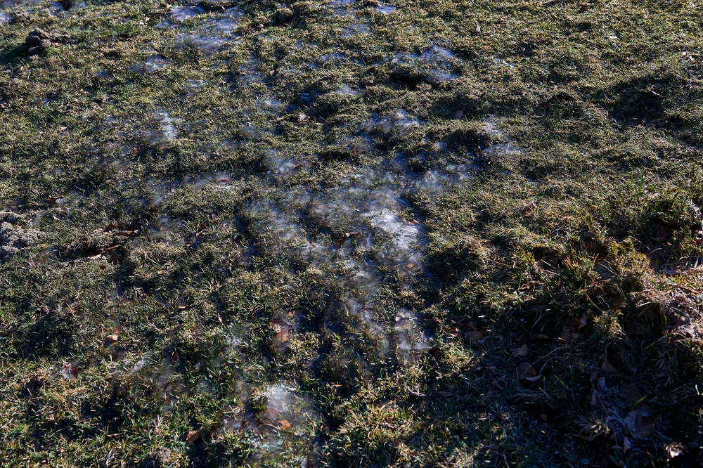 frozen water on the meadow like permafrost in winter