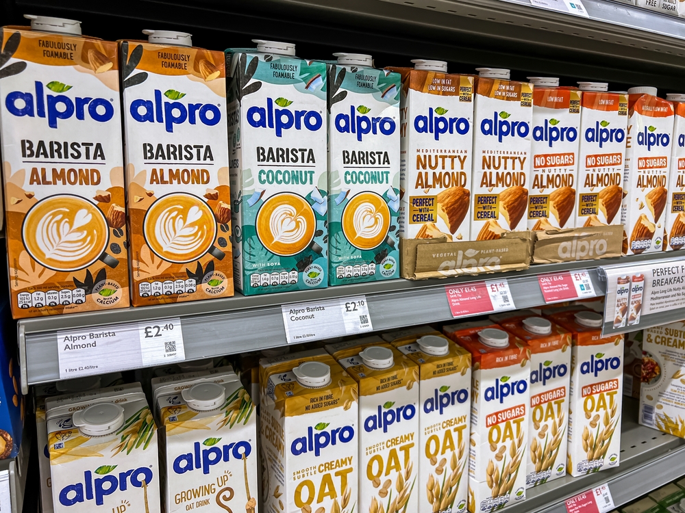 London, Uk- February 9,2024:Alpro plant-based drinks displayed at the shelves of the supermarket. Alpro is a Belgium company markets plant-based products.