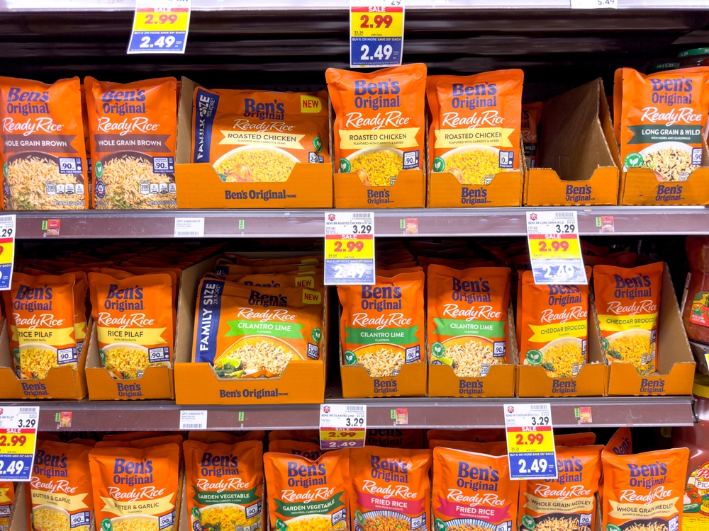 Los Angeles, California, United States - 04-14-2024: A view of several shelves dedicated to packages of Ben's Original Ready Rice, on display at a local grocery store.
