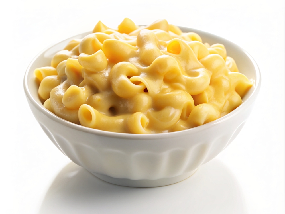 Creamy mac and cheese in a bowl, isolated on white background
