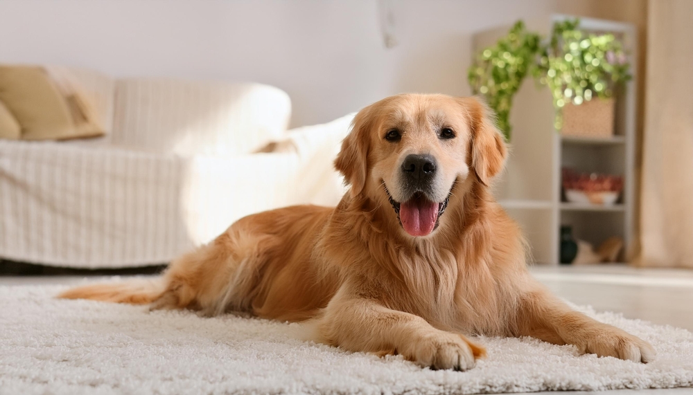 A happy and contented Golden Retriever lies on a plush, white carpet in a sunlit living room.