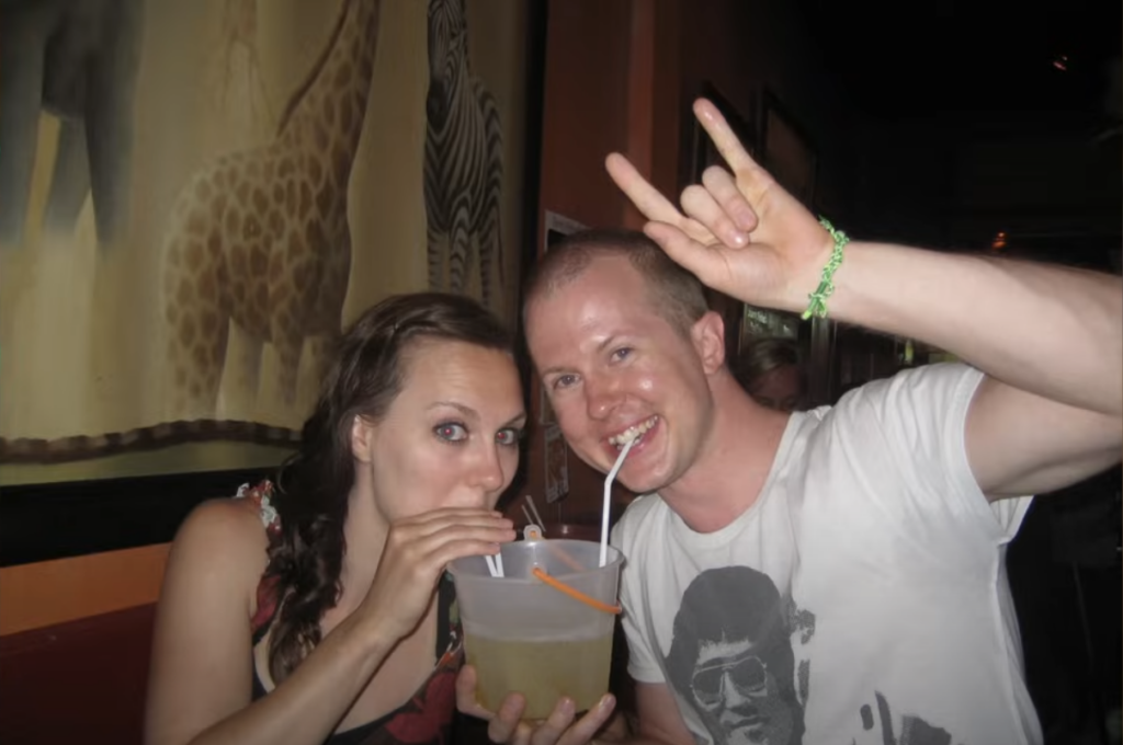 Older photo of Evan and his wife drinking when they were younger