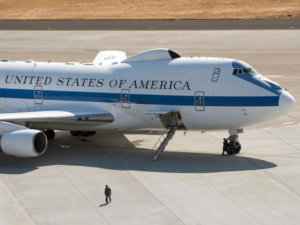 An E-4B aircraft on the tarmac at Travis Air Force Base, California, September 11, 2017. 