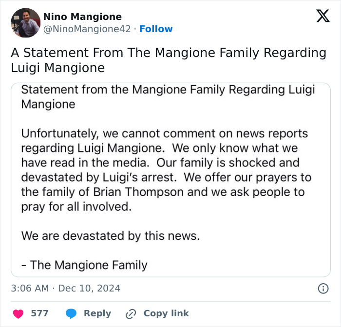 The Mangione family's statement following Luigi's arrest