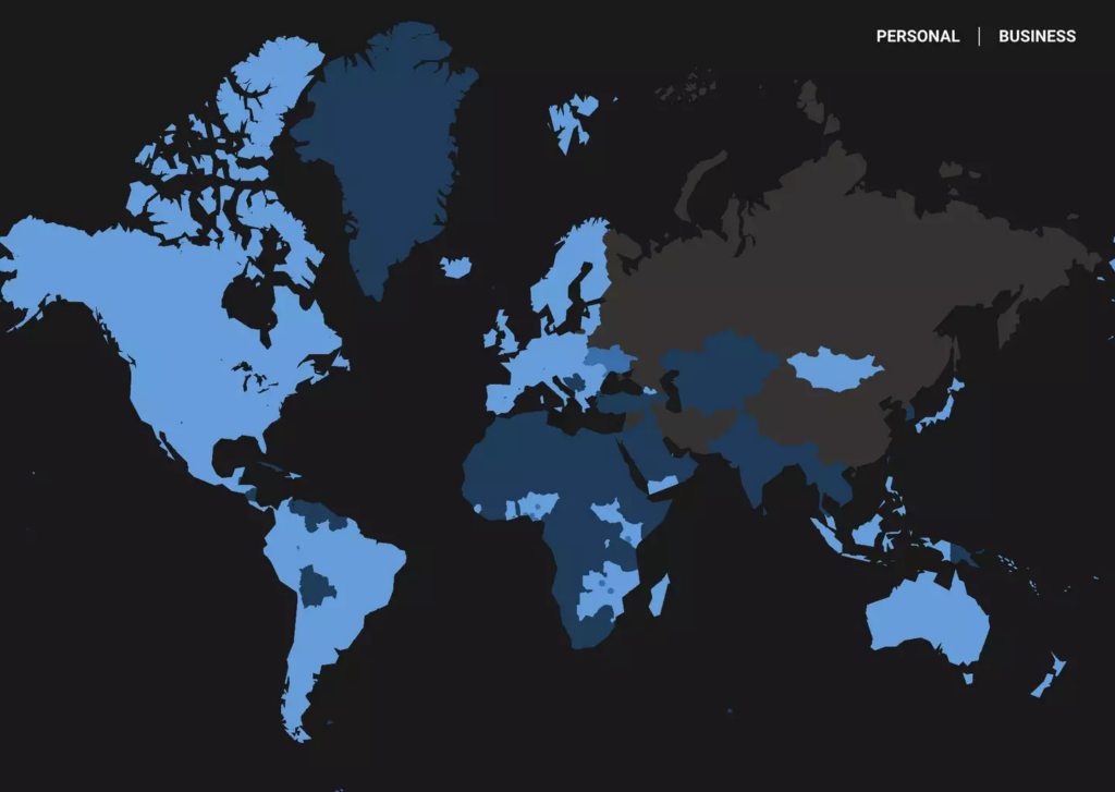 The light blue countries have access to Starlink, while dark blue means it's rolling out soon and brown means the service isn't currently available