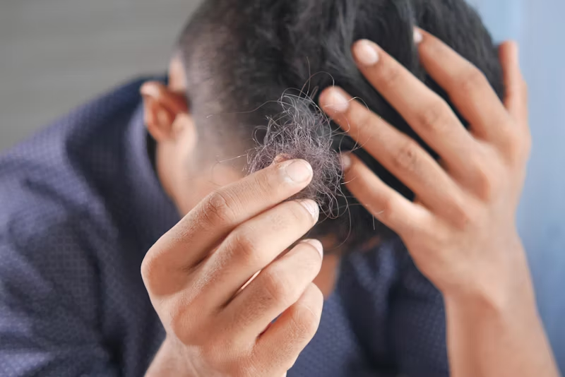 a man holding his hair with a tuft that has come out