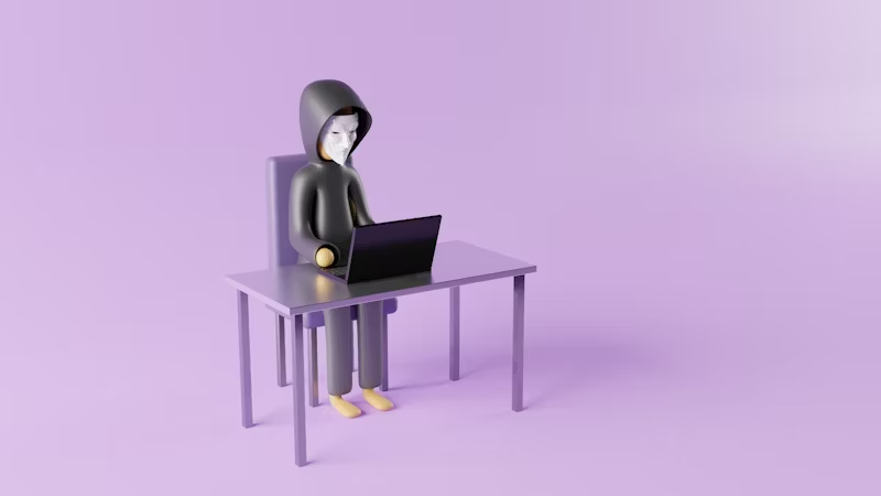 toy person in a mask behind a laptop