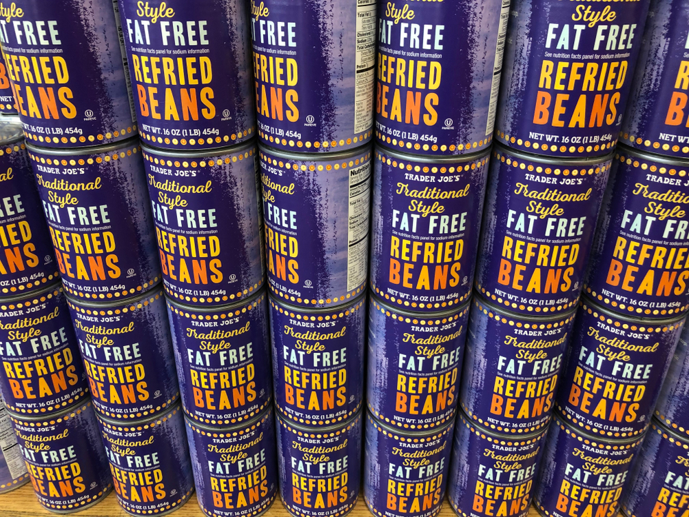 Maple Grove, Minnesota - June 3, 2019: Shelf filled with Trader Joe’s brand refried beans on display