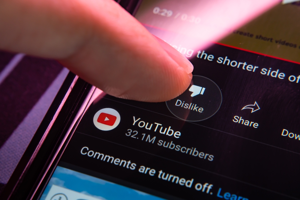 Bangkok, Thailand - November 23, 2021 : YouTube, an online video sharing platform owned by Google, hides the dislike count on its platform.
