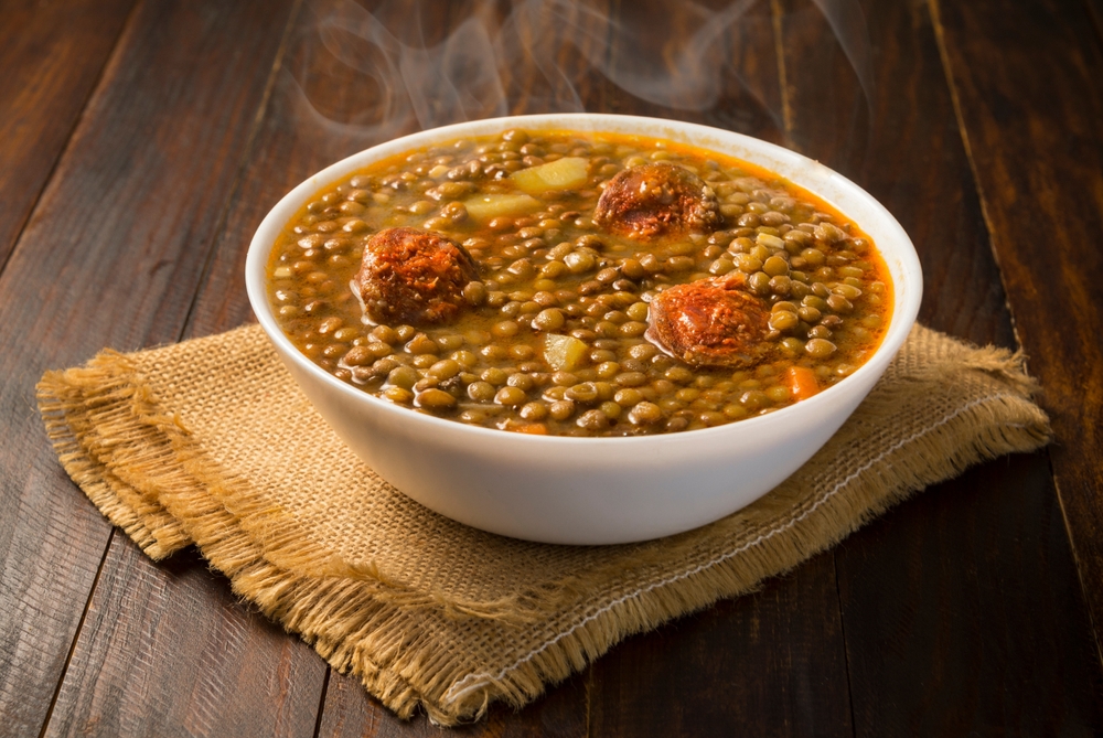 Stewed lentils with potatoes, Spanish food

