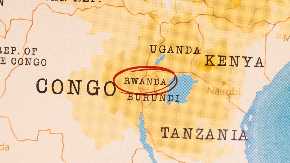 Rwanda marked with Red Circle on Realistic Map.