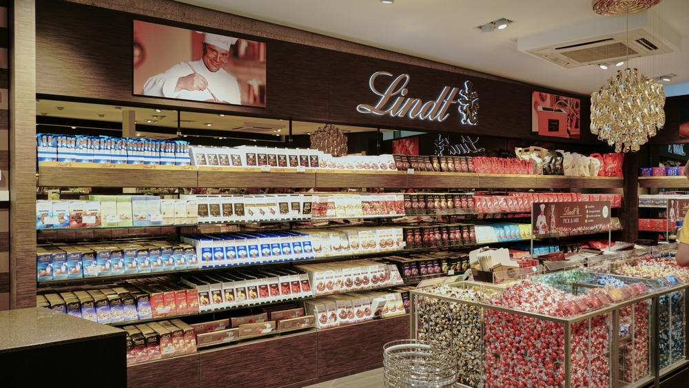 Cologne, Germany. Aug 2, 2022. Inside view of the famous Lindt Chocolate Shop at the Cologne Chocolate Museum on the banks of the Rhine River in Germany.