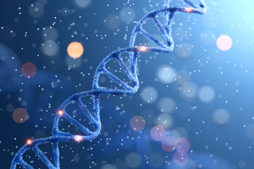 Spiral of Blue DNA double helix with light bokeh and bubble on beautiful blue background.
