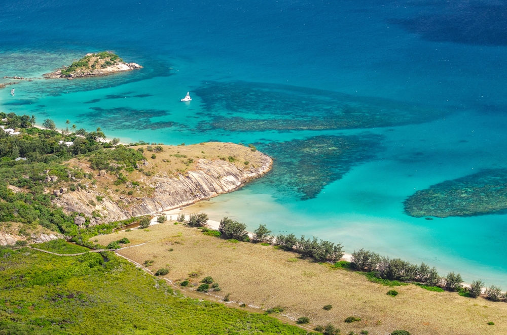 Spectacular aerial view of coral reefs from Cooks Look on Lizard Island. It is located on Great Barrier Reef in north-east part of Australia
