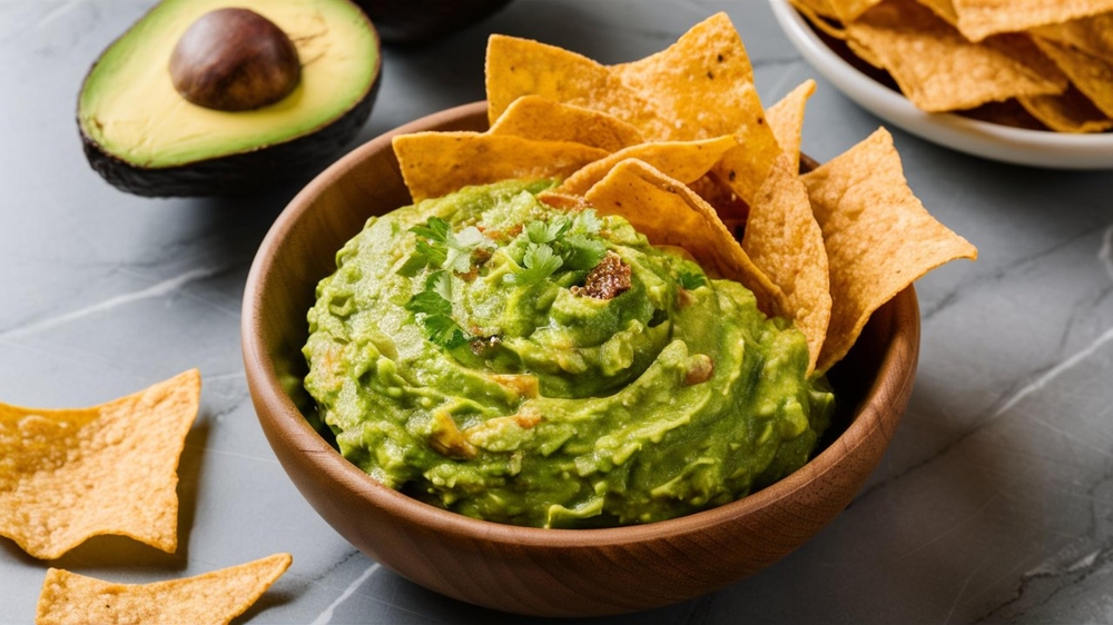 Fresh avocado guacamole dip, vibrant and creamy, served with salted tortilla chips in a wooden bowl. A perfect snack on a grey marble table.
