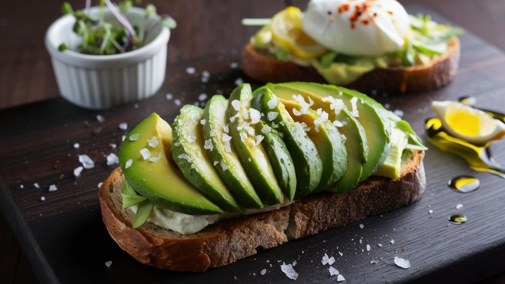 Avocado Toast: Thick slices of toasted bread topped with creamy mashed avocado, sprinkled with salt, pepper, and a squeeze of lemon.