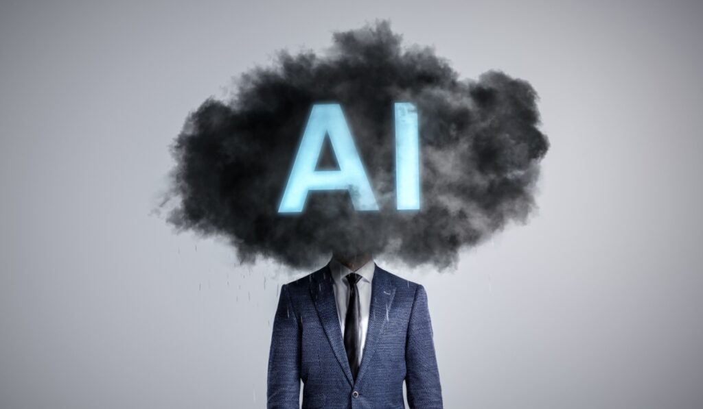 A person's head covered by an AI-labeled dark cloud
